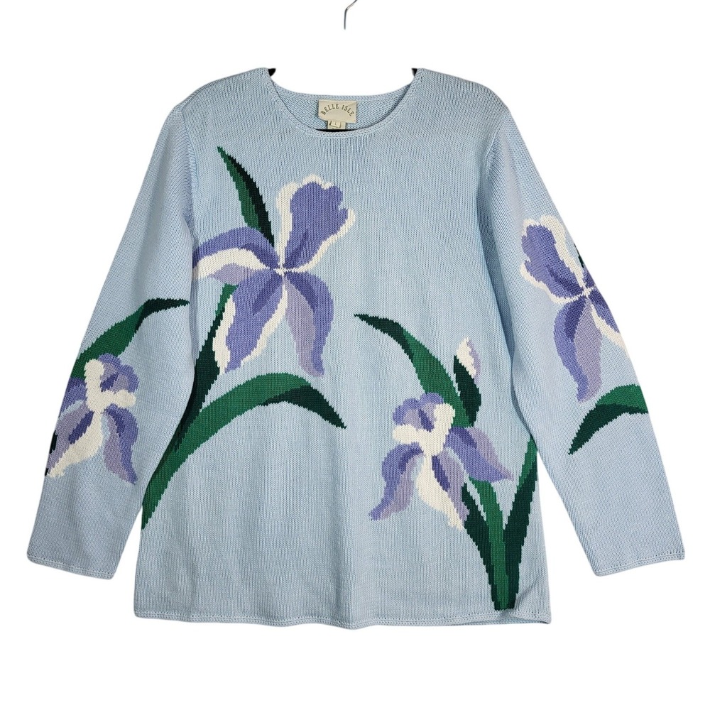 VTG Belle Isle Iris Floral Sweater L 12/14 Blue Ramie Cotton Cottagecore NWT